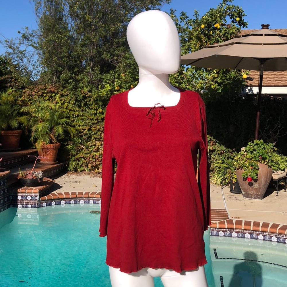 Eddie Bauer Red Front Tie 3/4 Sleeve Cotton Tee M